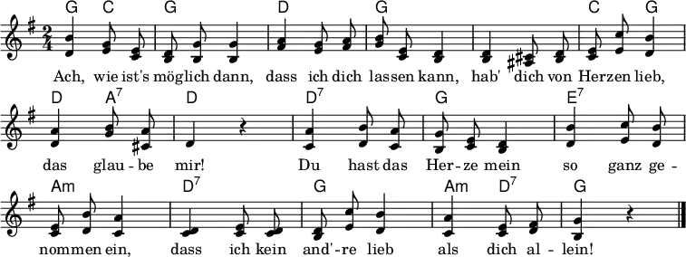 \layout { \context { \Score \remove "Bar_number_engraver" } }
<<
\new ChordNames { \set Staff.midiInstrument = #"acoustic guitar (nylon)" \chordmode { g,4 c, g,2 d, g, s c,4 g, d, a,:7 d,2 d,:7 g, e,:7 a,:m d,:7 g, a,4:m d,:7 g,2} }
\relative g' {\set Staff.midiInstrument = #"clarinet" \autoBeamOff \key g \major \time 2/4 \set Score.tempoHideNote = ##t \tempo 4=55
<b d,>4 <g e>8 <e c>8 | <d b>8 <g b,>8 <g b,>4 | <a fis>4 <g e>8 <a fis>8 | <b g>8 <e, c>8 <d b>4 | <d b>4 <cis ais>8 <d b>8 | <e c>8 <c' e,>8 <b d,>4 | <a d,>4 <b g>8 <a cis,>8 | d,4 r |
<a' c,>4 <b d,>8 <a c,>8 | <g b,>8 <e c>8 <d b>4 | <b' d,>4 <c e,>8 <b d,>8 | <e, c>8 <b' d,>8 <a c,>4 | <d, c>4 <e c>8 <d c>8 | <d b>8 <c' e,>8 <b d,>4 |
\tempo 4=50 <a c,>4 <e c>8 <fis d>8 | <g b,>4 r \bar "|."
}
\addlyrics {
Ach, wie ist's mög -- lich dann,
dass ich dich las -- sen kann,
hab' dich von Her -- zen lieb,
das glau -- be mir!
Du hast das Her -- ze mein
so ganz ge -- nom -- men ein,
dass ich kein and' -- re lieb
als dich al -- lein!
}
>>
\midi { \context { \ChordNames midiMinimumVolume = #0.3 midiMaximumVolume = #0.3 } }