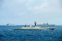 INS Shakti (A57), INS Sahyadri (F49) and JMSDF JS Hyūga transit together.